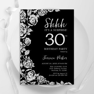 Elegant Black Silver Roses Surprise 30th Birthday Invitation