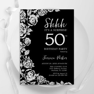 Elegant Black Silver Roses Surprise 50th Birthday Invitation