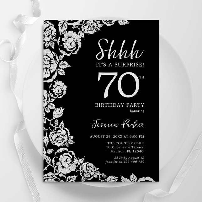 Elegant Black Silver Roses Surprise 70th Birthday Invitation (Creator Uploaded)
