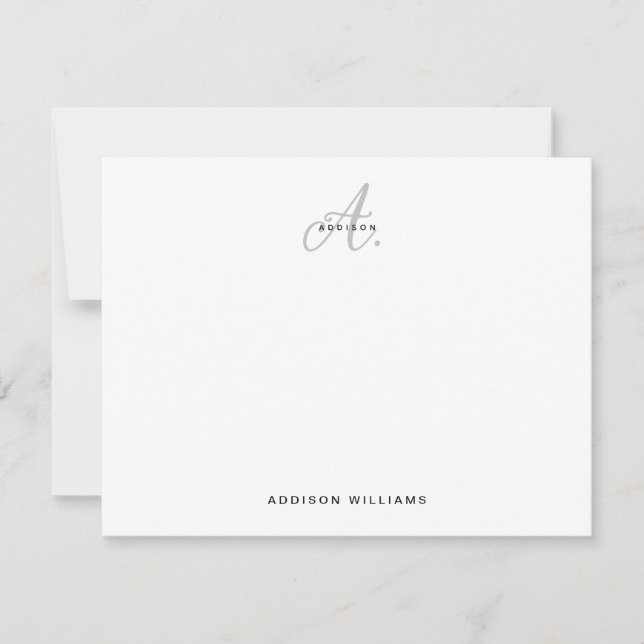 Elegant Black Silver Script Grey Monogram Card (Front)