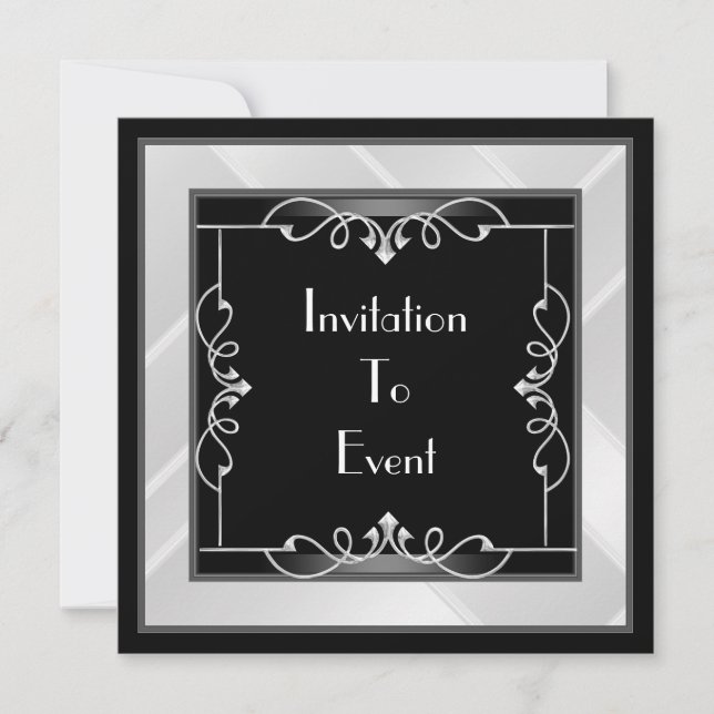 Elegant Black Silver White Art Deco Invitation (Front)