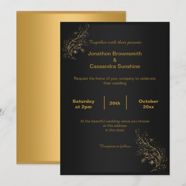 ELEGANT BLACK SIMPLE  GOLD LEAF GOLD REVERSE INVITATION (Front/Back)