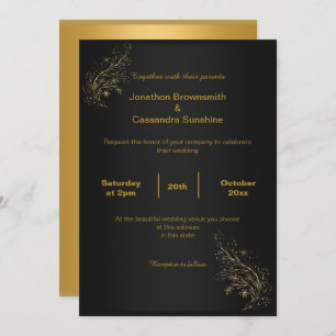 ELEGANT BLACK SIMPLE GOLD LEAF GOLD REVERSE INVITATION