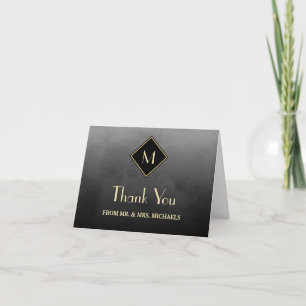 Elegant Black Simple With Gold Monogram Thank You Card