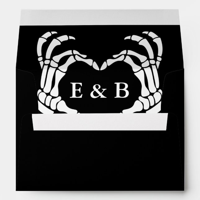 Elegant Black Skeleton Heart Initials Wedding Envelope (Back (Bottom))