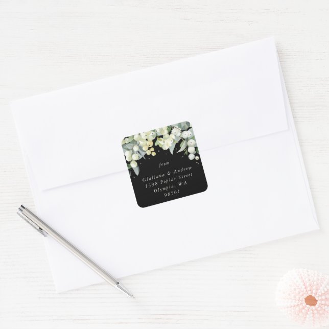 Elegant Black Snowberry+Eucalyptus Address Classic Square Sticker (Envelope)