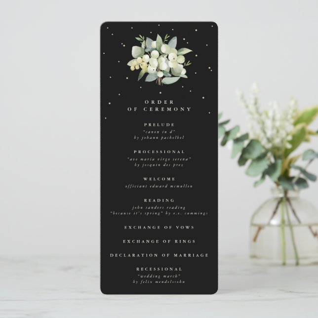 Elegant Black Snowberry+Eucalyptus Bouquet Wedding Program (Standing Front)