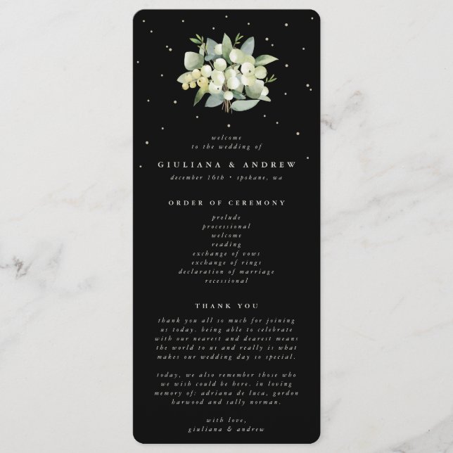Elegant Black Snowberry+Eucalyptus Bouquet Wedding Program (Front)
