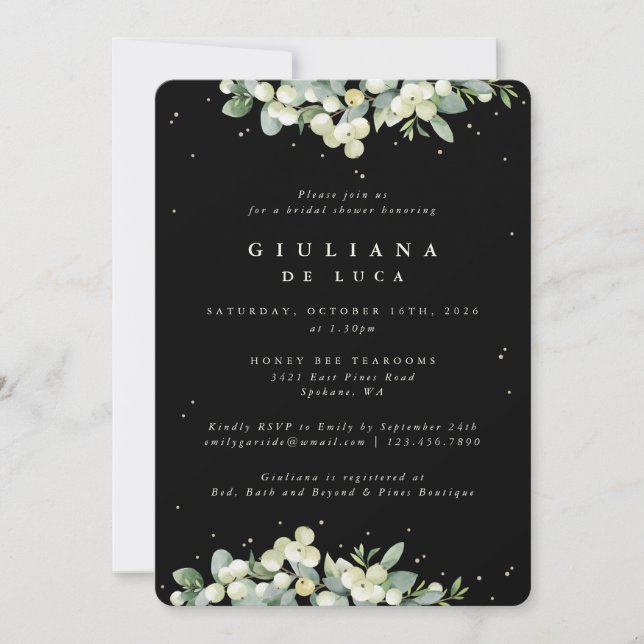 Elegant Black Snowberry+Eucalyptus Bridal Shower Invitation (Front)