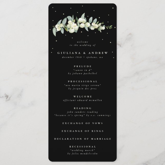 Elegant Black Snowberry+Eucalyptus Stem Wedding Program (Front)