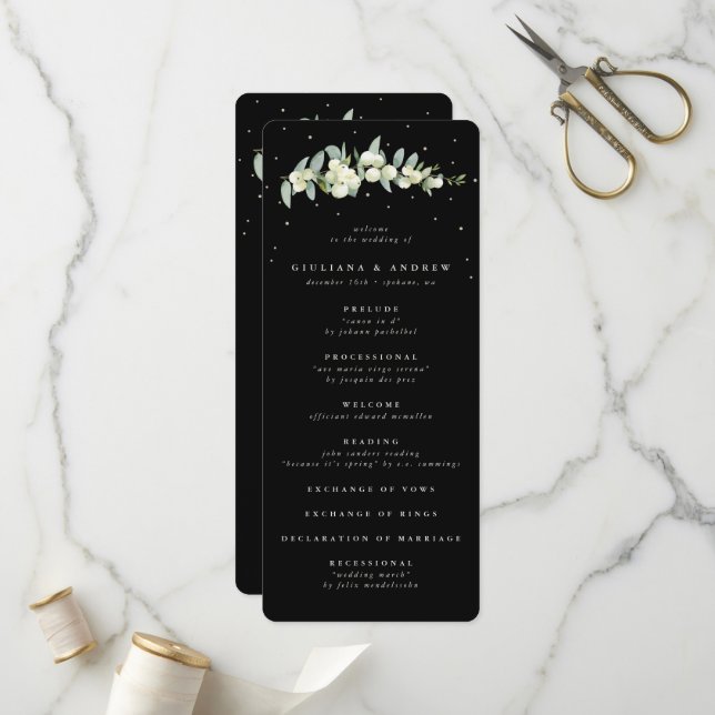 Elegant Black Snowberry+Eucalyptus Stem Wedding Program (Front/Back In Situ)