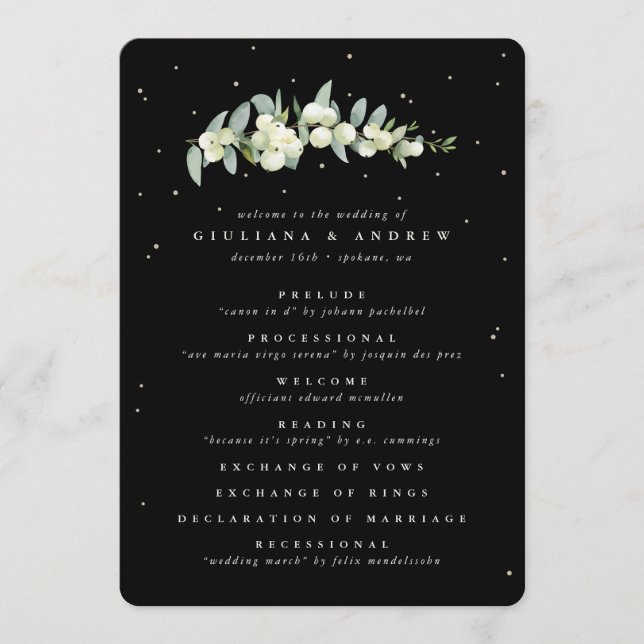 Elegant Black Snowberry+Eucalyptus Stem Wedding Program (Front)