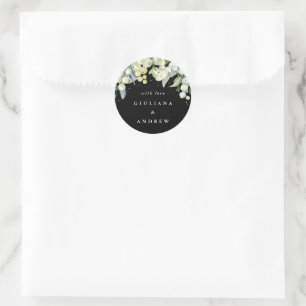 Elegant Black Snowberry+Eucalyptus Wedding Classic Round Sticker