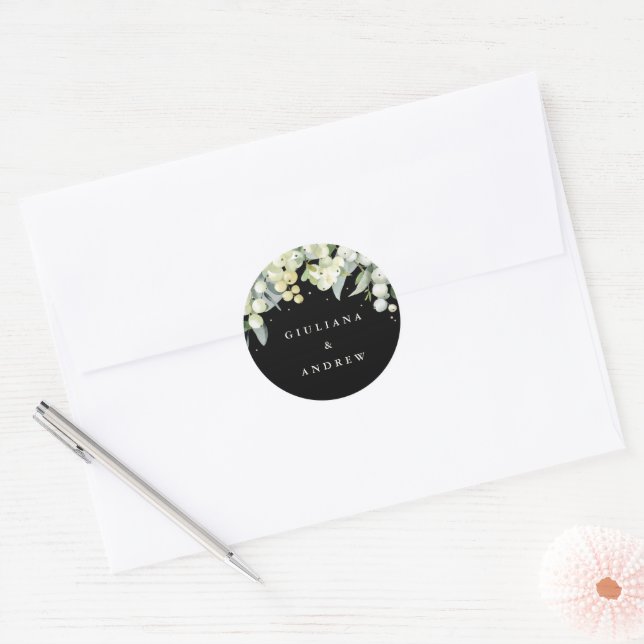 Elegant Black Snowberry+Eucalyptus Wedding Classic Round Sticker (Envelope)