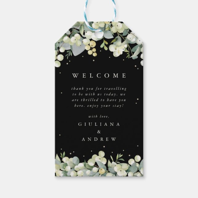 Elegant Black Snowberry+Eucalyptus Wedding Welcome Gift Tags (Front)