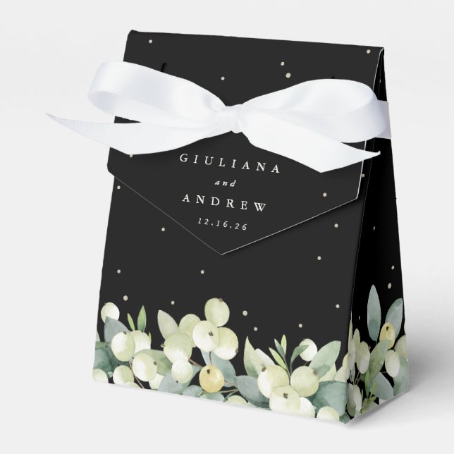 Elegant Black Snowberry+Eucalyptus Winter Wedding Favor Box (Front Side)
