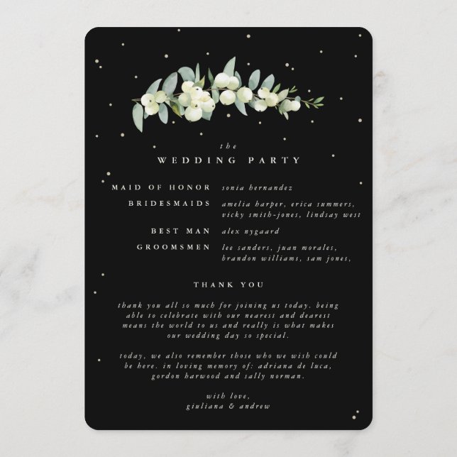 Elegant Black Snowberry+Eucalyptus Winter Wedding Program (Back)