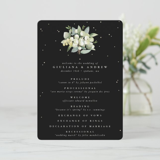 Elegant Black Snowberry+Eucalyptus Winter Wedding Program (Standing Front)