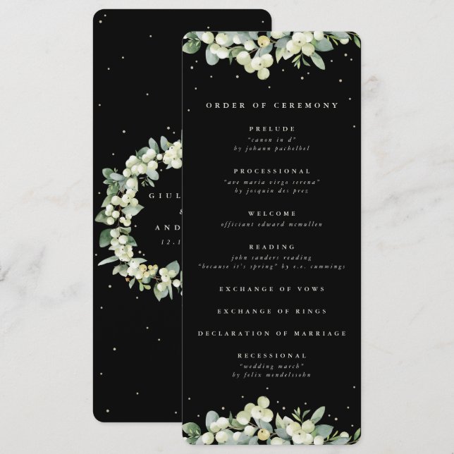 Elegant Black Snowberry+Eucalyptus Winter Wedding Program (Front/Back)