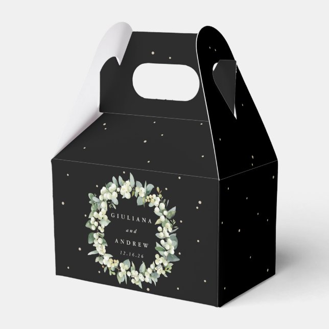 Elegant Black Snowberry+Eucalyptus Wreath Wedding Favor Box (Front Side)