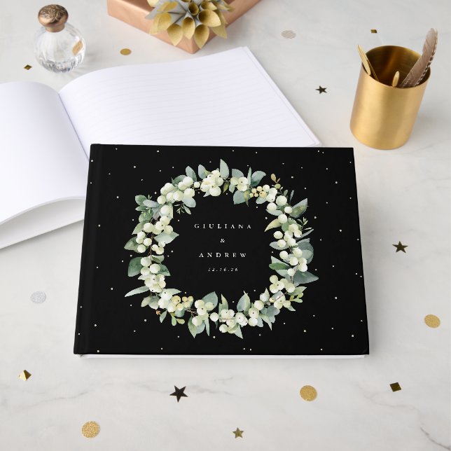 Elegant Black Snowberry+Eucalyptus Wreath Wedding Guest Book (Front Open)
