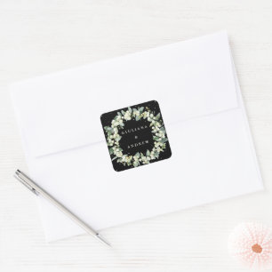 Elegant Black Snowberry+Eucalyptus Wreath Wedding Square Sticker