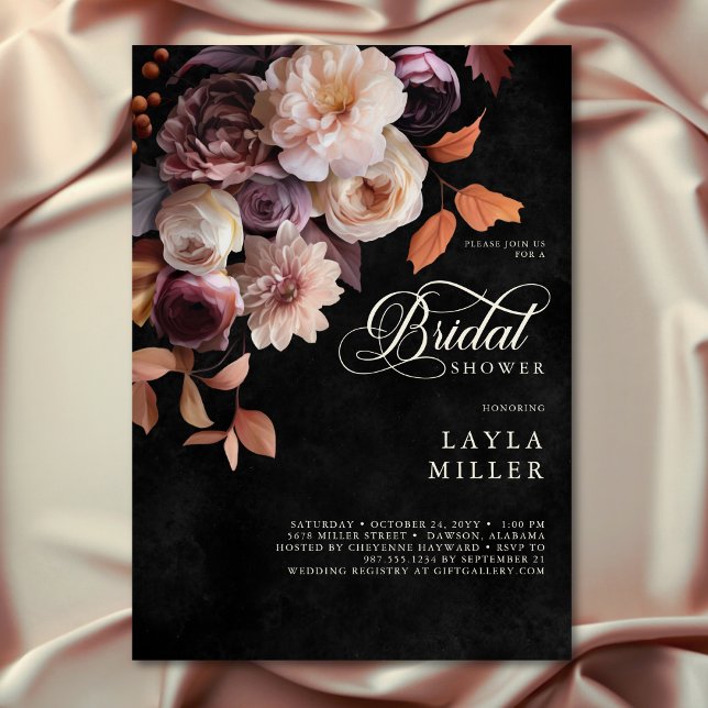 Elegant Black Soft Fall Floral Script Shower Invitation (Creator Uploaded)