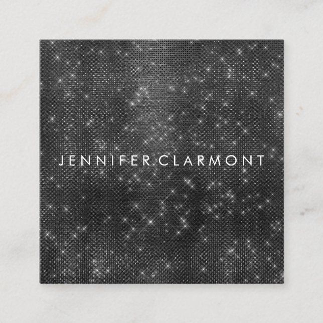 Elegant Black Sparkle Beauty Stylist Square Business Card (Front)