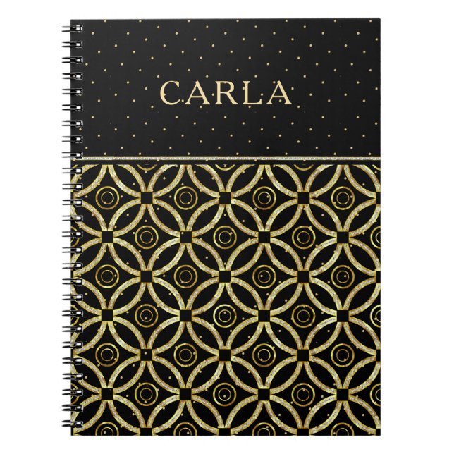Elegant black & sparkling gold geometric pattern notebook (Front)