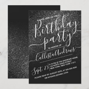 Elegant Black Sparkly Glitter Ombre Birthday Invitation