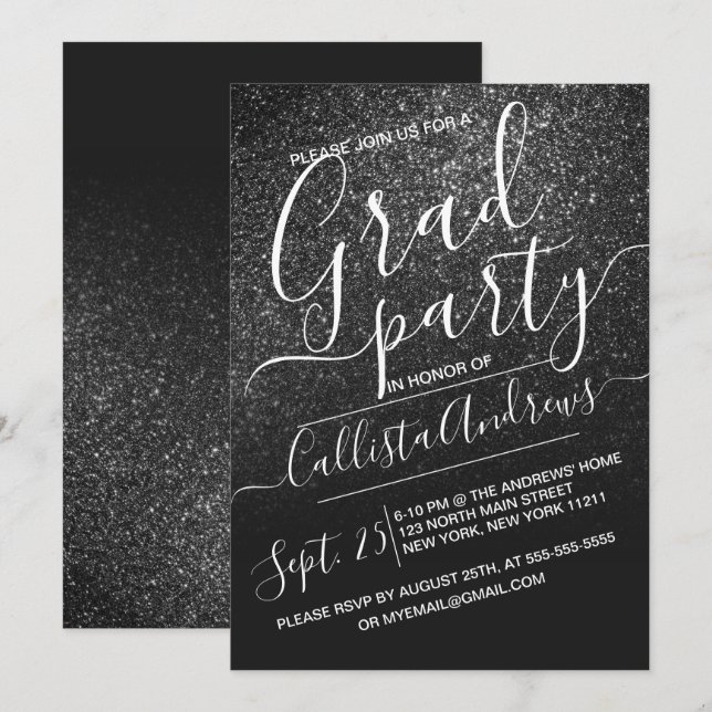 Elegant Black Sparkly Glitter Ombre Graduation Invitation (Front/Back)