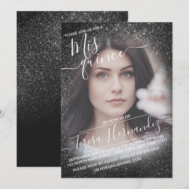 Elegant Black Sparkly Glitter Photo Quinceañera Invitation (Front/Back)