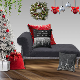 Elegant Black Sparkly Silver Merry Christmas Throw Pillow