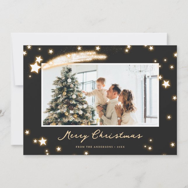 Elegant Black Sparkly Star Photo Christmas Card (Front)