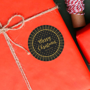 Elegant Black Starburst Script Merry Christmas Classic Round Sticker