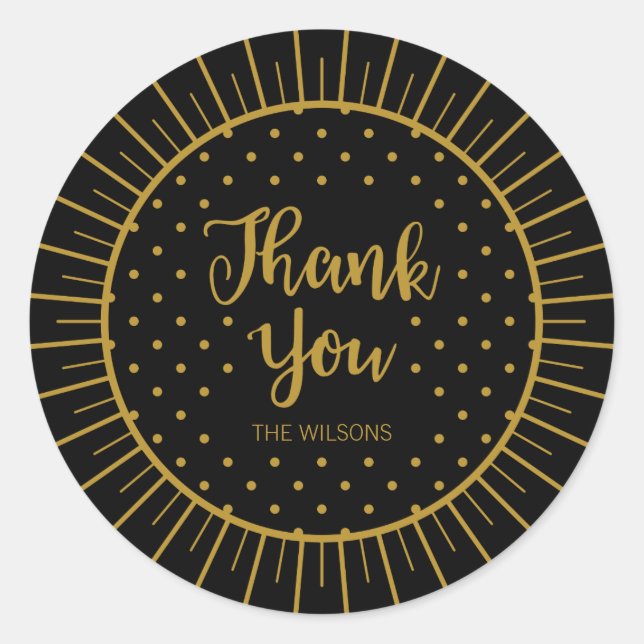Elegant Black Starburst Script Thank You Holiday Classic Round Sticker (Front)