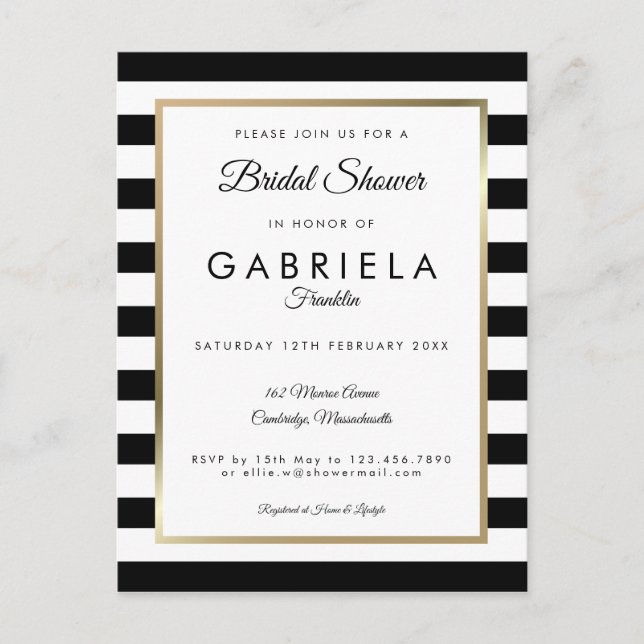 Elegant Black Stripe Gold Bridal Shower Invitation Postcard (Front)