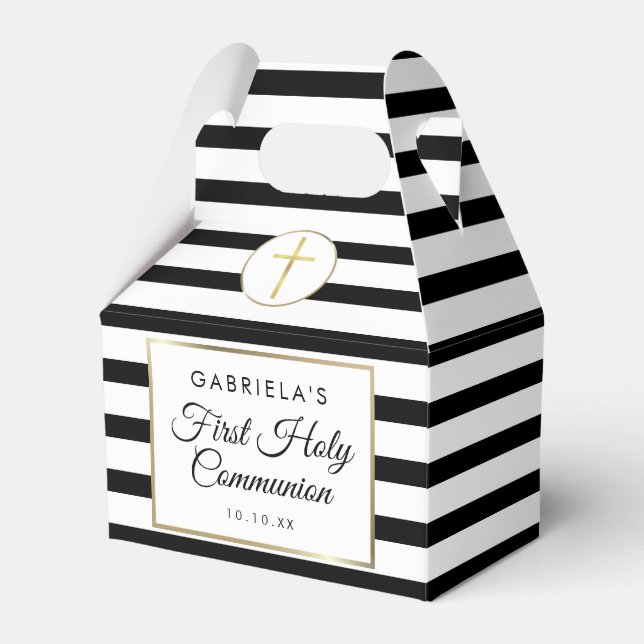 Elegant Black Stripe Gold First Holy Communion Favor Box (Front Side)