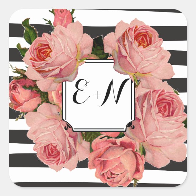 Elegant Black Stripe Pink Heirloom Roses Wedding Square Sticker (Front)