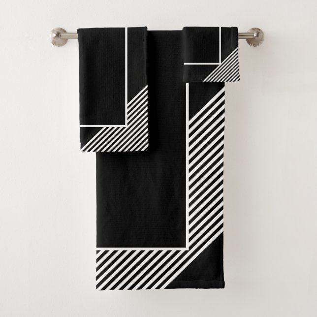 Elegant Black Stripe White Geometrical Bath Towel Set (Insitu)