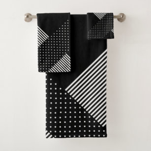 Elegant Black Stripe White Polka Dot Geometrical Bath Towel Set