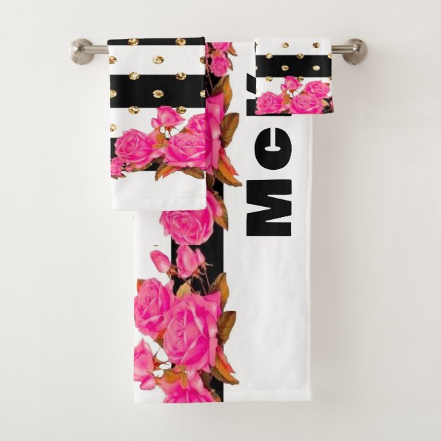 Elegant Black Stripes Gold Glitter Dots Pink Roses Bath Towel Set (Insitu)