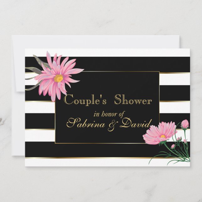 Elegant Black Stripes Pink Floral Couple's  Shower Invitation (Front)