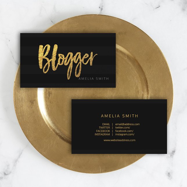 Elegant Black Stripes Script Blogger Social Media Business Card (Creator Uploaded)