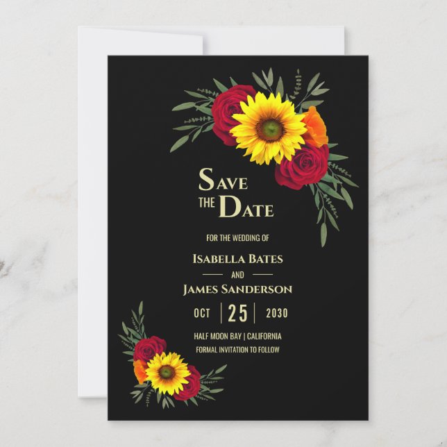 Elegant Black Sunflower Burgundy Rose Wedding Save Save The Date (Front)