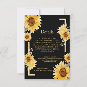 Elegant Black Sunflower Gold Wedding Details Card