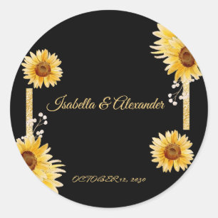 Elegant Black Sunflower Gold Wedding Favour Sticke Classic Round Sticker