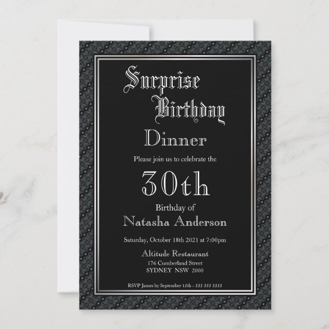 Elegant Black Surprise 30th Birthday Dinner Invitation (Front)