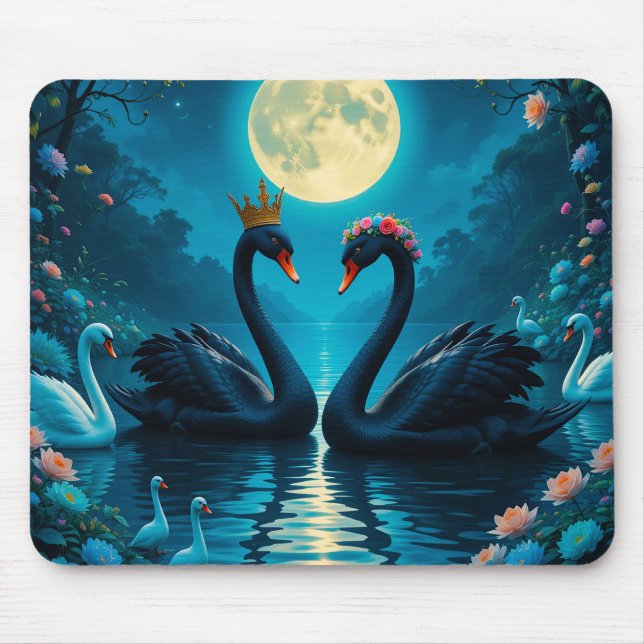 Elegant Black Swans Under Full Moon Mouse Pad (Front)