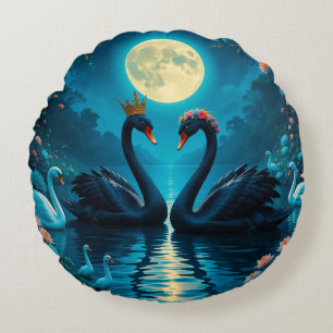 Elegant Black Swans Under Full Moon Round Pillow
